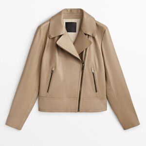 Massimo Dutti - Taupe/Beige biker leather jacket - XS